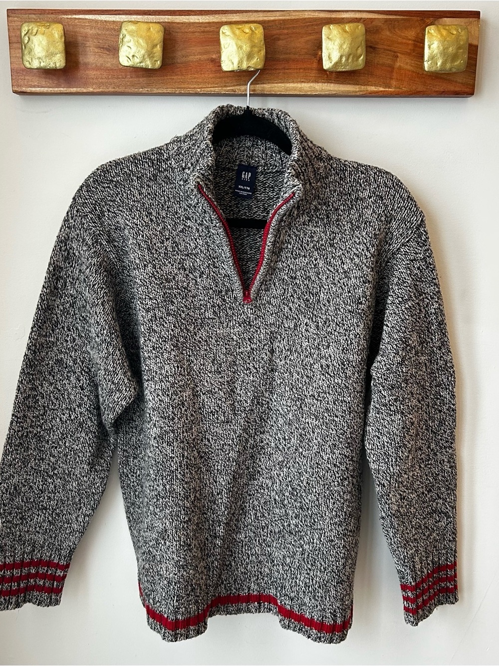 Vintage GAP Lambswool Black & White Marled Half-Zip Sweater with Red Trim